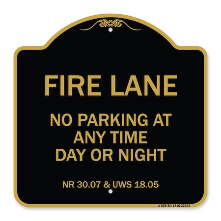 Signmission Wisconsin Fire Lane No Parking Anytime Day or Night, Black & Gold Alum, 18" x 18", BG-1818-22702 A-DES-BG-1818-22702